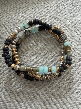 Stella & Dot Aqua, Black & Gold Stackable Bead Bracelets